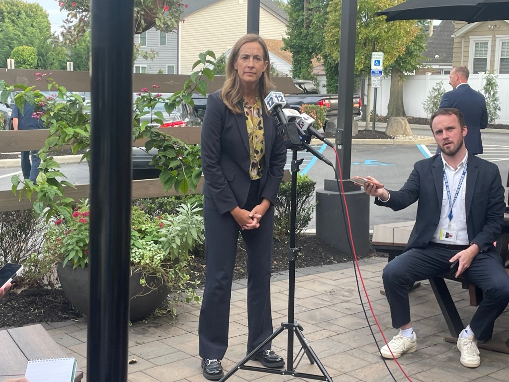 Gov. Mikie Sherrill fielded questions from journalists in Woodbridge on Wednesday about a reported misconduct investigation into Lt. Gov. Dale Caldwell. Sherrill pledged that complaints were taken seriously, but refused to confirm the investigation and did not say Caldwell’s name. Photo credit: Ryan Conway/NJ State House News Service