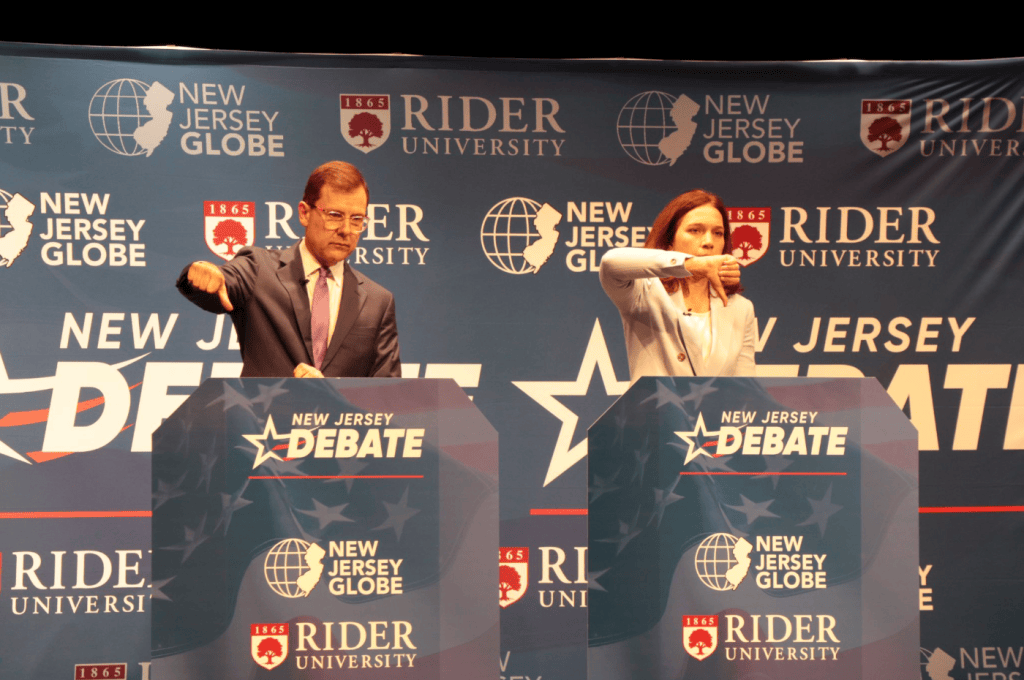 U.S. Rep. Tom Kean Jr. and challenger Rebecca Bennett debate Sunday evening in Rahway, N.J. Photo by Aidan Vanhoof.