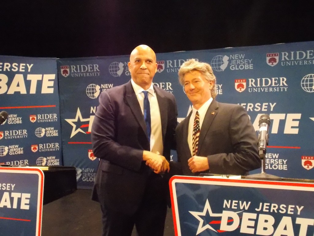 Incumbent Democratic Sen. Cory Booker and Republican Challenger Justin Murphy, the former deputy mayor of Tabernacle face off Thursday in their sole debate before Election Day. The pair clashed on issues including the war in Iran and affordability. Photo credit: Shohini Mitra/NJ State House News Service