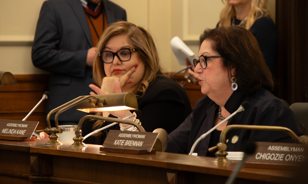 Democratic Assembly Members Annette Quijano and Melinda Kane (right) vote in favor of a measure Monday that would require the manufacturers of smart glasses and other tiny, wearable cameras to display a clear sign, such as a light, whenever the device is recording. Photo credit: Aidan Vanhoof/NJ State House News Service.
